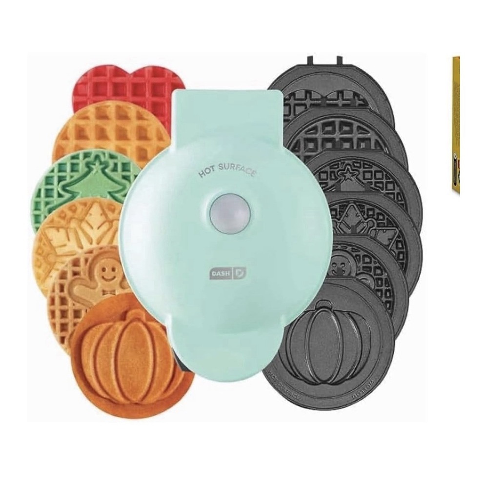 DASH Mini Waffle Maker 7 Removable Plates Holiday Non-Stick Storage Box Included